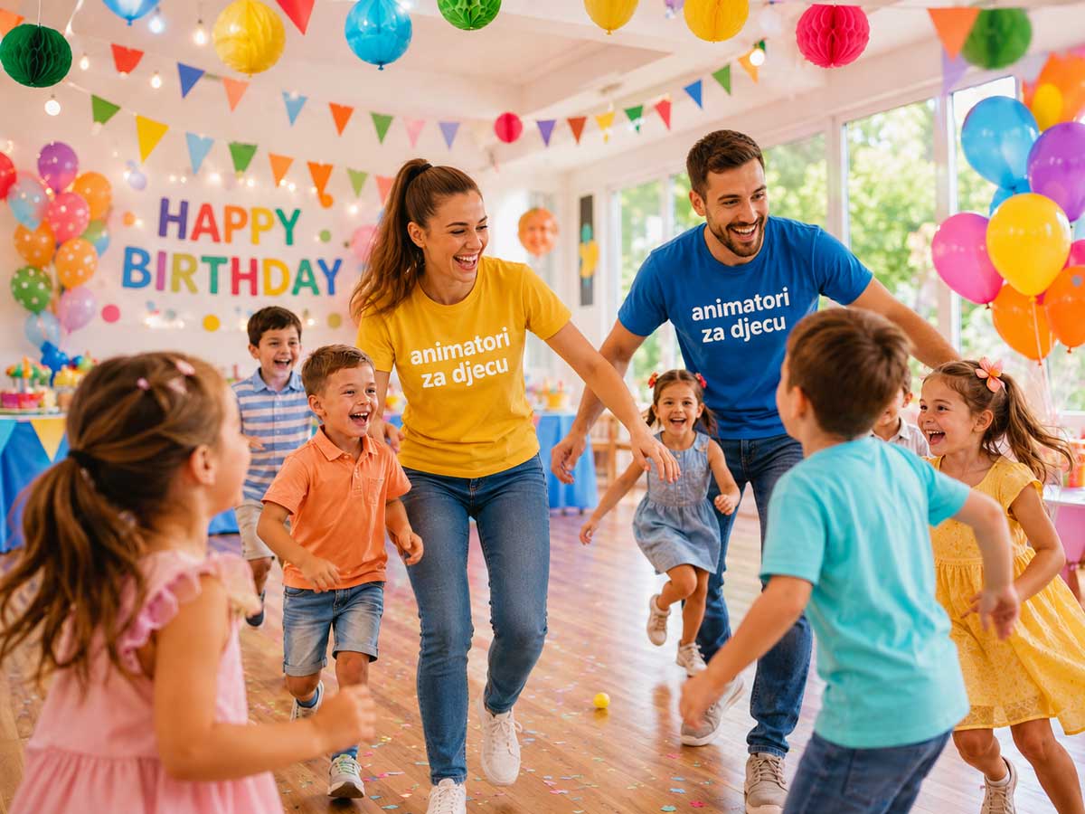 Animatori vode veselu igru s djecom na proslavi